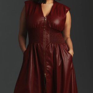 Anthropologie Tommie Smocked Front-Zip Faux Leather Shirt Dress NWT 2X (Brown)